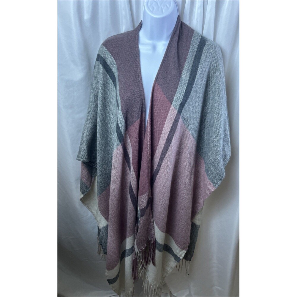 Three Dots Women’s Celine Plaid Fringe Armless Knit Poncho One Size Cozy Wrap